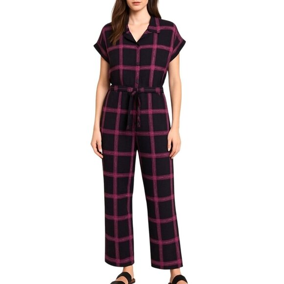 THE KIT Dottie Jumpsuit Plaid Slub Cotton Straight Leg - Picture 16 of 16